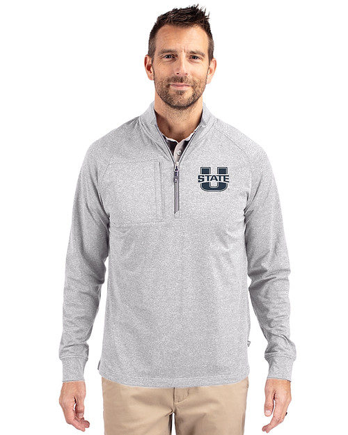 Utah State Aggies Cutter & Buck Adapt Eco Knit Heather Mens Big & Tall Quarter Zip Pullover Polished Heather Front