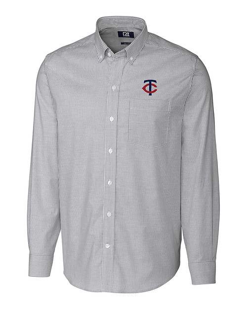 Minnesota Twins Cutter & Buck Stretch Oxford Stripe Mens Big and Tall Long Sleeve Dress Shirt Charcoal Mannequin