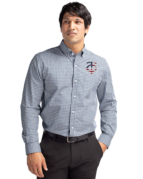 Minnesota Twins Stars & Stripes Cutter & Buck Easy Care Stretch Gingham Mens Long Sleeve Dress Shirt Liberty Navy Front