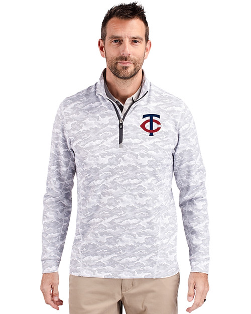 Minnesota Twins Cutter & Buck Traverse Stretch Eco Camo Print Quarter Zip Mens Big and Tall Pullover Charcoal Front