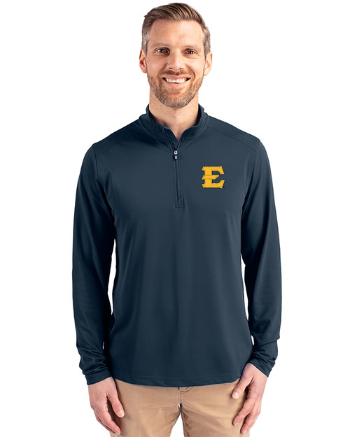 ETSU Buccaneers Cutter & Buck Virtue Eco Pique Recycled Quarter Zip Mens Pullover Navy Blue Front