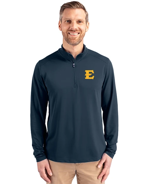 ETSU Buccaneers Cutter & Buck Virtue Recycled Featherlight Pique Mens Quarter Zip Pullover Navy Blue Front