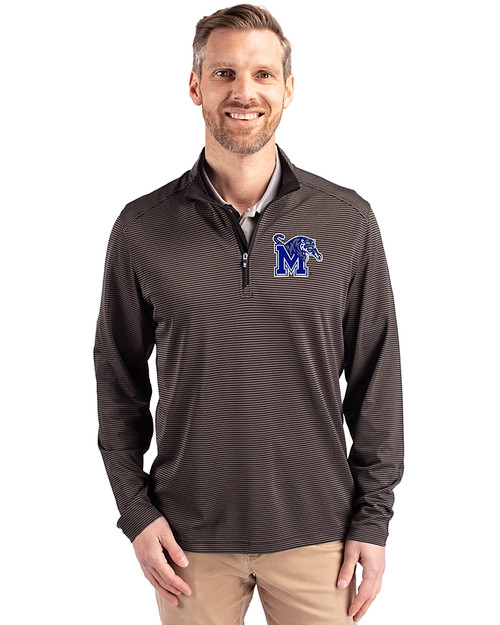 Memphis Tigers Cutter & Buck Virtue Eco Pique Micro Stripe Recycled Mens Quarter Zip Black/Elemental Grey Front