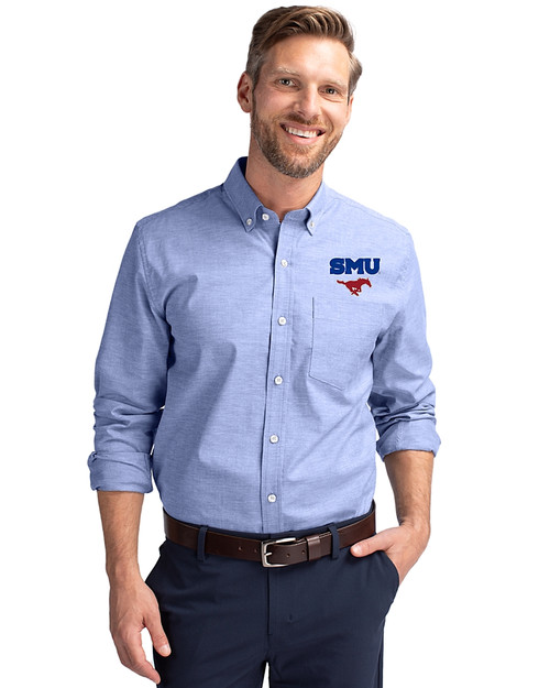 SMU Mustangs Cutter & Buck Stretch Oxford Mens Long Sleeve Dress Shirt French Blue Front