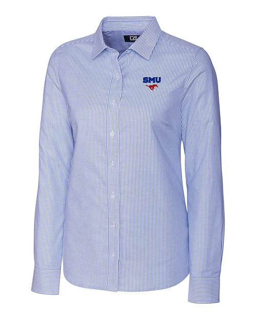 SMU Mustangs Cutter & Buck Stretch Oxford Stripe Womens Long Sleeve Dress Shirt FB_MANN_HG 