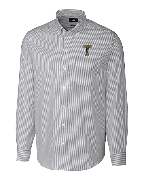 GA Tech Yellow Jackets College Vault Cutter & Buck Stretch Oxford Stripe Mens Long Sleeve Dress Shirt Charcoal Mannequin