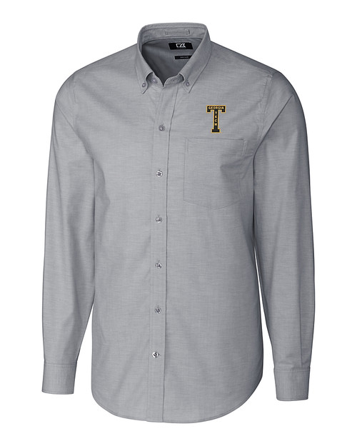 GA Tech Yellow Jackets College Vault Cutter & Buck Stretch Oxford Mens Long Sleeve Dress Shirt Charcoal Mannequin