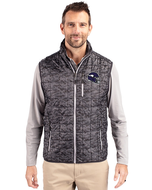Minnesota Vikings NFL Helmet Cutter & Buck Rainier PrimaLoft® Mens Eco Insulated Full Zip Printed Puffer Vest Black Front
