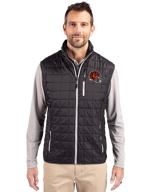 Cincinnati Bengals NFL Helmet Cutter & Buck Rainier PrimaLoft® Mens Eco Insulated Full Zip Puffer Vest Black Front