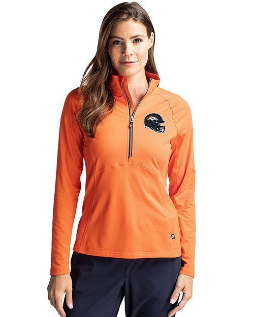 Denver Broncos NFL Helmet Cutter & Buck Adapt Eco Knit Stretch Recycled Womens Half Zip Pullover College Orange Front