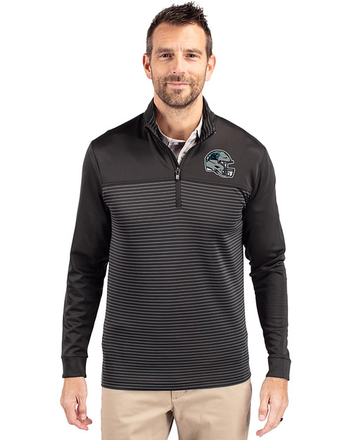 Carolina Panthers NFL Helmet Cutter & Buck Traverse Stretch Eco Stripe Quarter Zip Mens Pullover Black Front