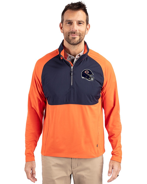 Chicago Bears NFL Helmet Cutter & Buck Adapt Eco Knit Hybrid Recycled Mens Quarter Zip College Orange/Navy Blue Front