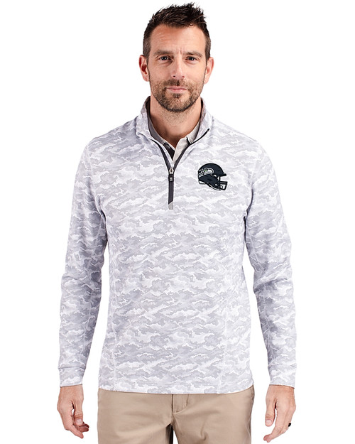 Seattle Seahawks NFL Helmet Cutter & Buck Traverse Stretch Eco Camo Print Quarter Zip Mens Pullover Charcoal Front