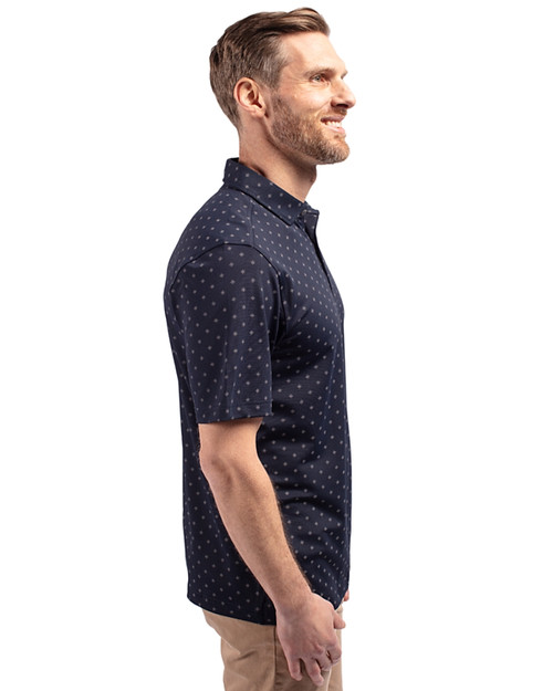 New England Patriots NFL Helmet Cutter & Buck Virtue Eco Pique Tile Print Recycled Mens Polo Navy Blue Side