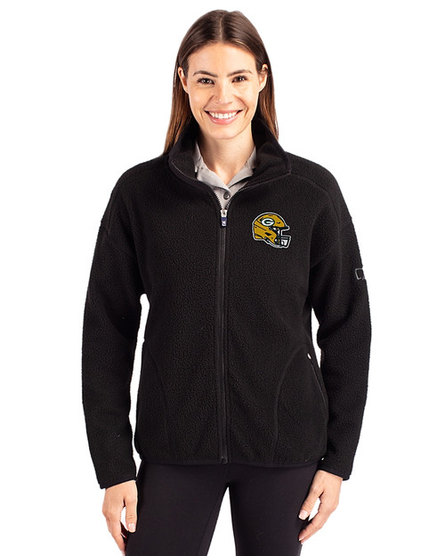 Green Bay Packers NFL Helmet Cutter & Buck Cascade Eco Fleece Womens Full Zip Jacket Black Front