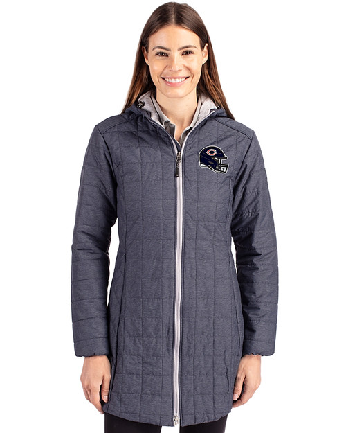 Chicago Bears NFL Helmet Cutter & Buck Rainier PrimaLoft®  Womens Eco Insulated Hooded Long Coat Anthracite Melange Front