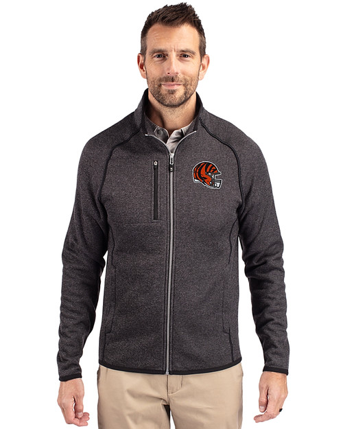 Cincinnati Bengals NFL Helmet Cutter & Buck Mainsail Sweater-Knit Mens Full Zip Jacket Charcoal Heather Front