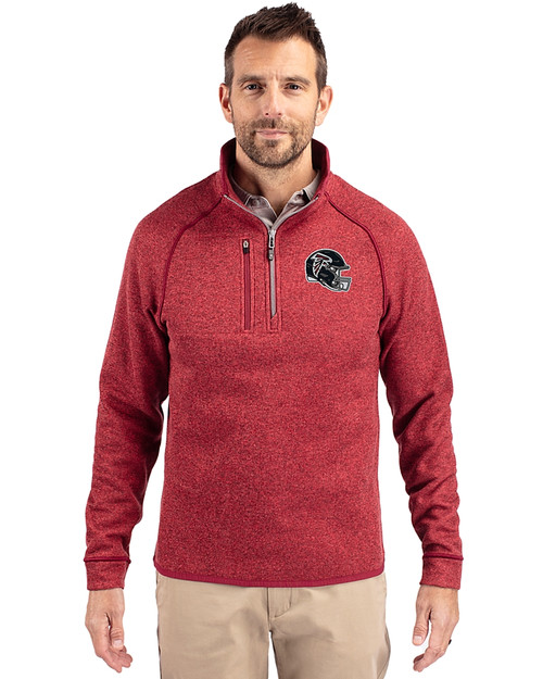 Atlanta Falcons NFL Helmet Cutter & Buck Mainsail Sweater-Knit Mens Half Zip Pullover Jacket Cardinal Red Heather Front