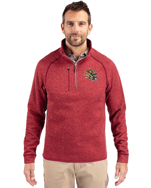 San Francisco 49ers NFL Helmet Cutter & Buck Mainsail Sweater-Knit Mens Half Zip Pullover Jacket Cardinal Red Heather Front