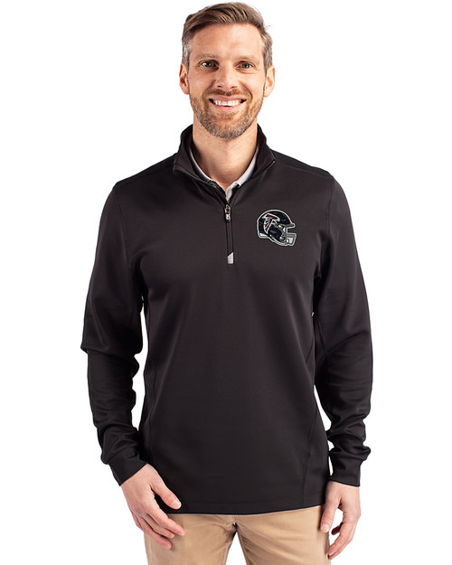 Atlanta Falcons NFL Helmet Cutter & Buck Traverse Recycled Smooth Stretch Mens Quarter Zip Pullover Black Front