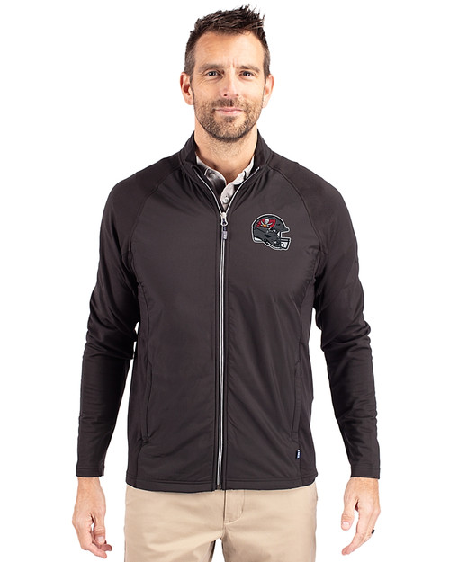 Tampa Bay Buccaneers NFL Helmet Cutter & Buck Adapt Eco Knit Hybrid Recycled Mens Full Zip Jacket Black Front