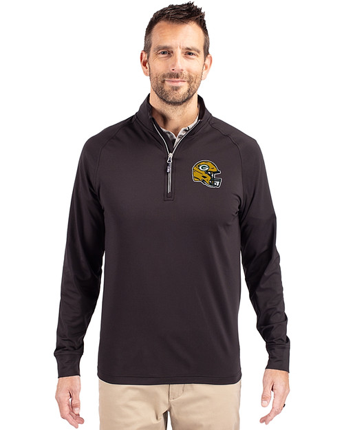Green Bay Packers NFL Helmet Cutter & Buck Adapt Eco Knit Stretch Recycled Mens Quarter Zip Pullover Black Front