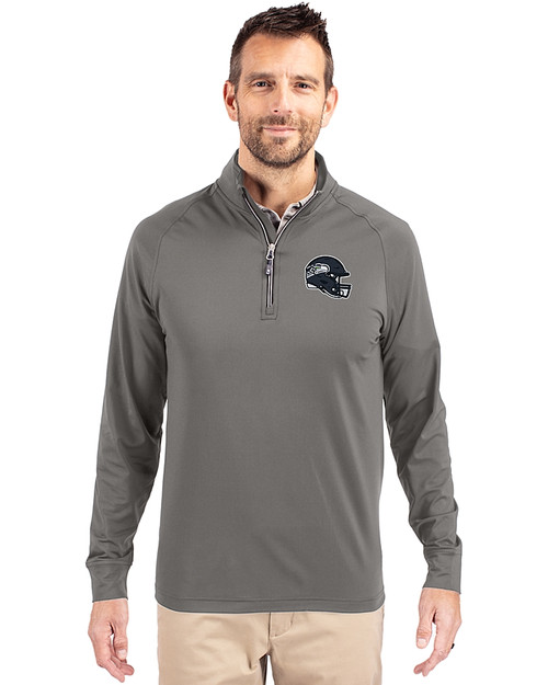 Seattle Seahawks NFL Helmet Cutter & Buck Adapt Eco Knit Stretch Recycled Mens Quarter Zip Pullover Elemental Grey Front