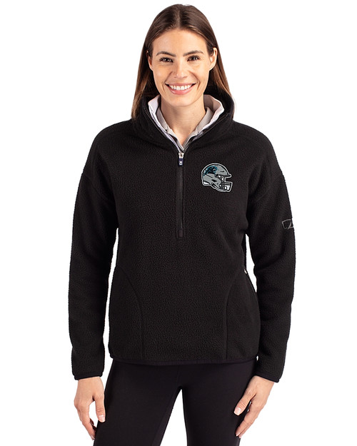 Carolina Panthers NFL Helmet Cutter & Buck Cascade Eco Fleece Womens Pullover Jacket Black Front