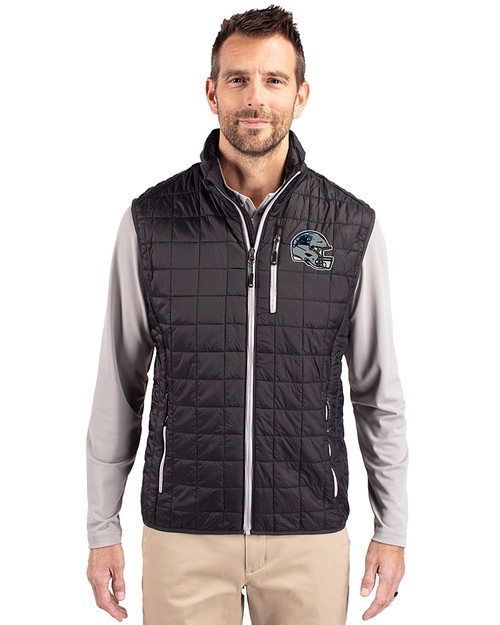 Carolina Panthers NFL Helmet Cutter & Buck Rainier PrimaLoft® Mens Big and Tall Eco Insulated Full Zip Puffer Vest Black Front
