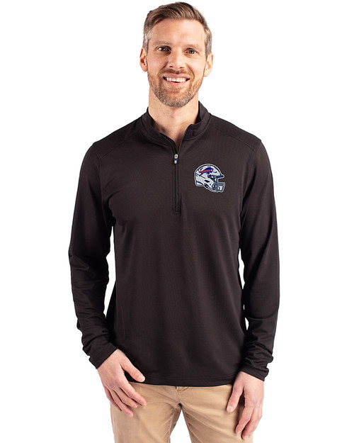 Buffalo Bills NFL Helmet Cutter & Buck Virtue Eco Pique Recycled Quarter Zip Mens Pullover Black Front