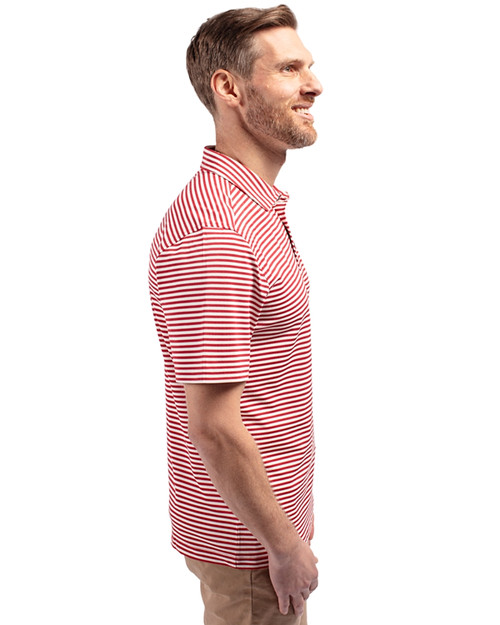 New England Patriots NFL Helmet Cutter & Buck Virtue Eco Pique Stripe Recycled Mens Polo Cardinal Red Side