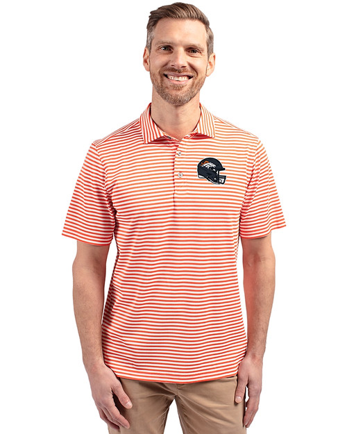 Denver Broncos NFL Helmet Cutter & Buck Virtue Eco Pique Stripe Recycled Mens Polo College Orange Front