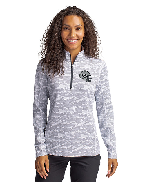 Las Vegas Raiders NFL Helmet Cutter & Buck Traverse Stretch Eco Camo Print Quarter Zip Womens Pullover CC_PRO_HG 