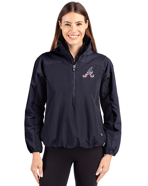 Atlanta Braves Stars & Stripes Cutter & Buck Charter Eco Recycled Womens Anorak Jacket Navy Blue Front