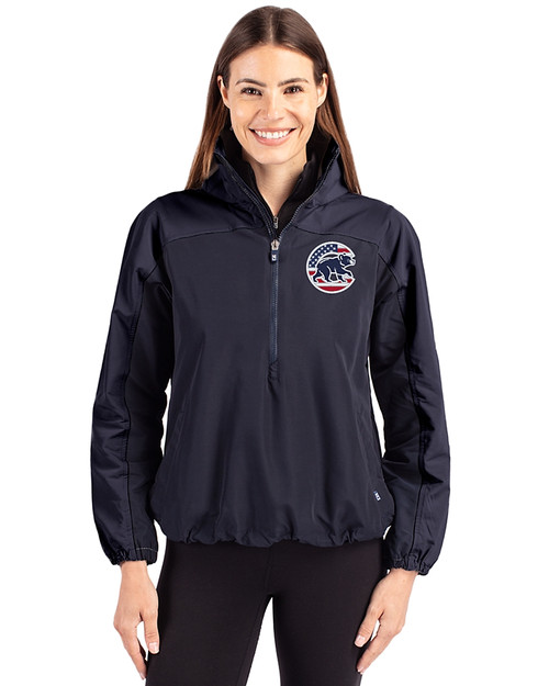 Chicago Cubs Stars & Stripes Cutter & Buck Charter Eco Recycled Womens Anorak Jacket Navy Blue Front
