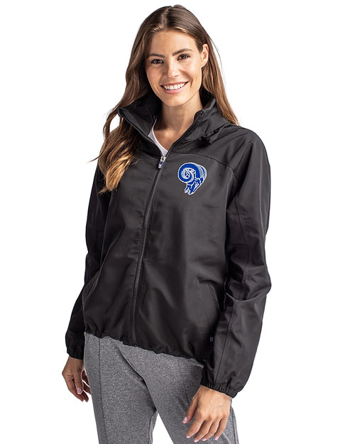 Los Angeles Rams Historic Cutter & Buck Charter Eco Recycled Womens Full-Zip Jacket Black Front
