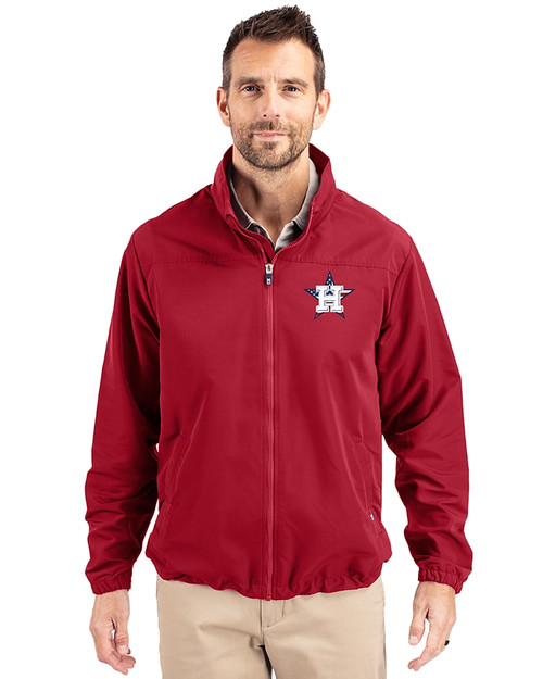 Houston Astros Stars & Stripes Cutter & Buck Charter Eco Recycled Mens Full-Zip Jacket Cardinal Red Front