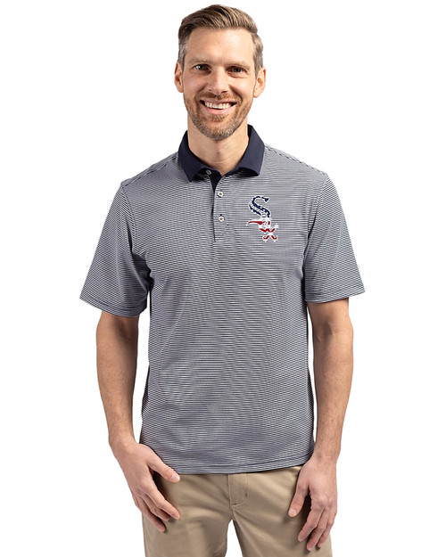 Chicago White Sox Stars & Stripes Cutter & Buck Virtue Eco Pique Micro Stripe Recycled Mens Polo Navy Blue/White Front