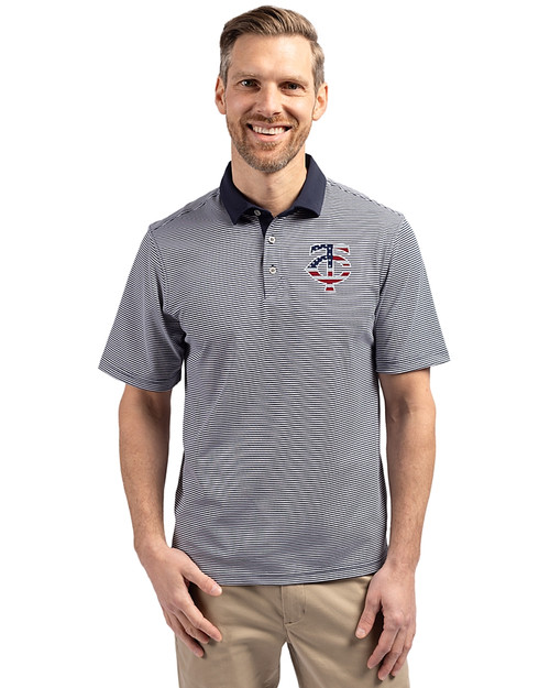 Minnesota Twins Stars & Stripes Cutter & Buck Virtue Eco Pique Micro Stripe Recycled Mens Polo Navy Blue/White Front