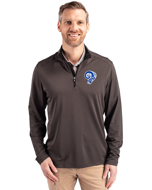 Los Angeles Rams Historic Cutter & Buck Virtue Recycled Micro Stripe Featherlight Pique Mens Big & Tall Quarter Zip Pullover Black/Elemental Grey Front
