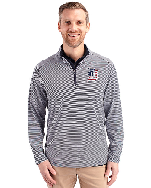 Detroit Tigers Stars & Stripes Cutter & Buck Virtue Eco Pique Micro Stripe Recycled Mens Big & Tall Quarter Zip Navy Blue/White Front