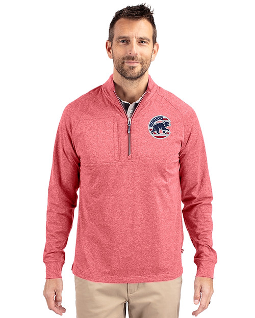Chicago Cubs Stars & Stripes Cutter & Buck Adapt Eco Knit Heather Mens Big & Tall Quarter Zip Pullover Cardinal Red Heather Front