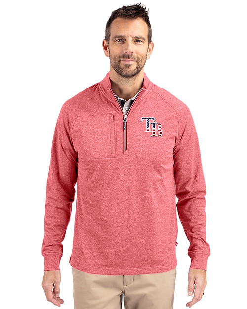 Tampa Bay Rays Stars & Stripes Cutter & Buck Adapt Eco Knit Heather Mens Big & Tall Quarter Zip Pullover Cardinal Red Heather Front