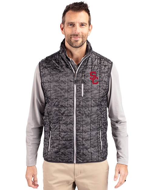 USC Trojans Cutter & Buck Rainier Recycled Insulated Printed Puffer Mens Full Zip Vest Black Front