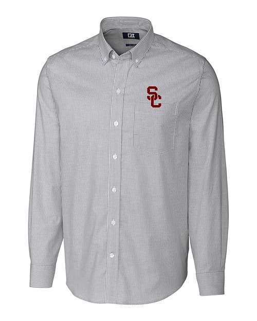 USC Trojans Cutter & Buck Stretch Oxford Stripe Mens Big and Tall Long Sleeve Dress Shirt Charcoal Mannequin