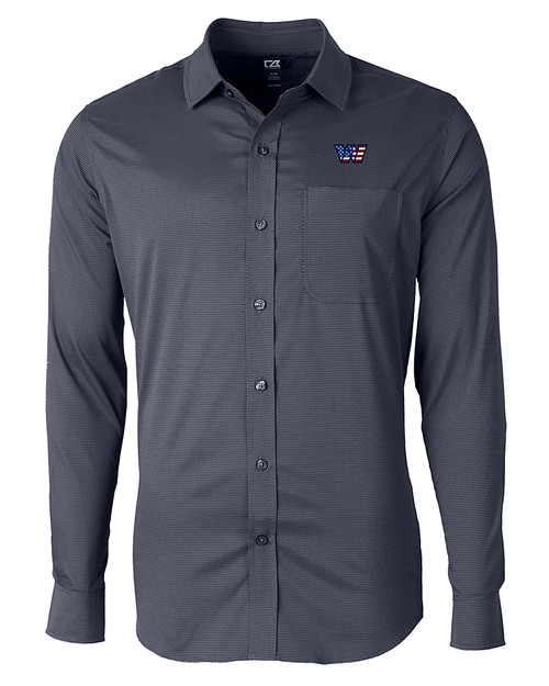 Washington Commanders Americana Cutter & Buck Versatech Geo Dobby Stretch Mens Long Sleeve Dress Shirt Liberty Navy Mannequin
