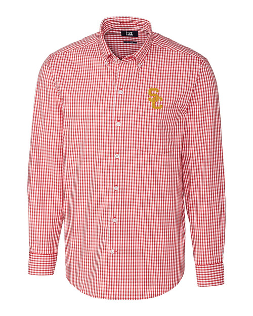 USC Trojans Cutter & Buck Easy Care Stretch Gingham Mens Long Sleeve Button Down Shirt Cardinal Red Mannequin