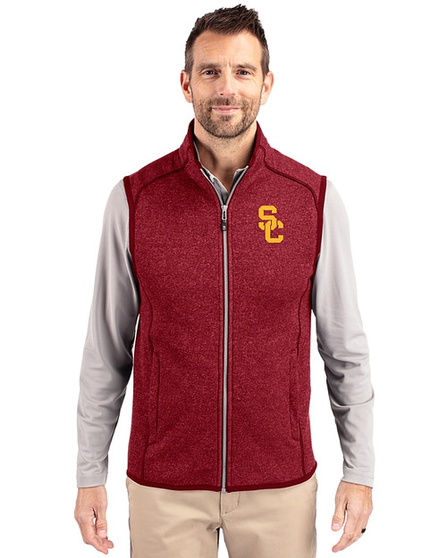 USC Trojans Cutter & Buck Mainsail Sweater-Knit Mens Full Zip Vest Cardinal Red Heather Front