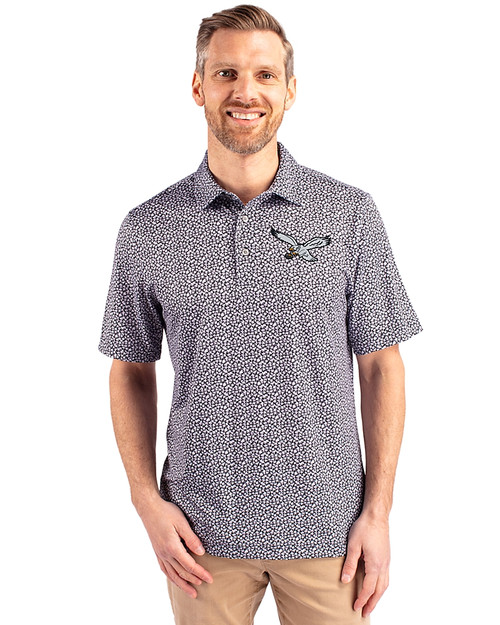 Philadelphia Eagles Historic Cutter & Buck Pike Magnolia Print Stretch Mens Polo Black/Polished Front