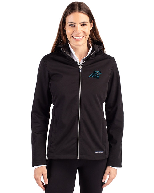 Carolina Panthers Cutter & Buck Evoke Softshell Recycled Full Zip Womens Jacket Black Front